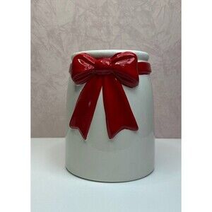 10 Strawberry Street Ceramic Utensil Holder Red Bow Kitchen Crock Holiday Decor